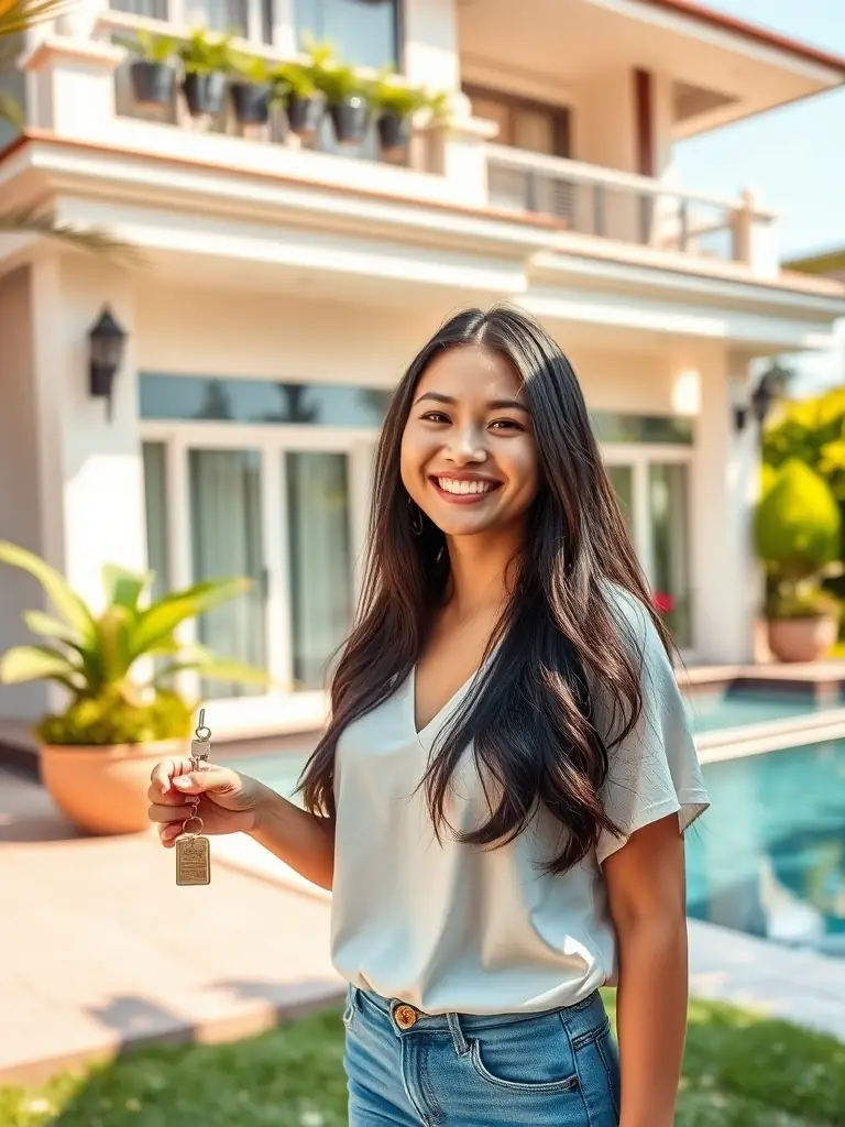 A picture of a happy tenant receiving keys to a luxury villa in Pattaya, Thailand, emphasizing the smooth and professional rental management services provided.